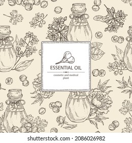 Background essential oils: peony flower essential oil, camphor tree, linden flower oil, cilantro essential oil. Cosmetic, perfumery and medical plant. Vector hand drawn illustration.