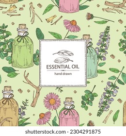 Background with  essential oils: sage essential oil, echinacea, marjoram essential oil and baikal skullcap. Cosmetic, perfumery and medical plant. Vector hand drawn illustration.