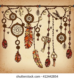 Background with ethnic feathers and ethnic elements. Dream catcher. Ethnic background in native style. Borders with feathers and stripe. Tribal theme