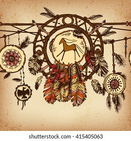 Background with ethnic feathers and ethnic elements. Dream catcher. Ethnic background in native style. Borders with feathers and stripe. Tribal theme