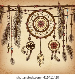 Background with ethnic feathers and ethnic elements. Dream catcher. Ethnic background in native style. Borders with feathers and stripe. Tribal theme