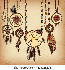Background with ethnic feathers and ethnic elements. Dream catcher. Ethnic background in native style. Borders with feathers and stripe. Tribal theme