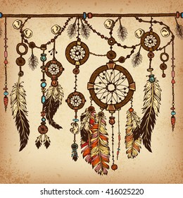 Background with ethnic feathers and ethnic elements. Dream catcher. Ethnic background in native style. Borders with feathers and stripe. Tribal theme