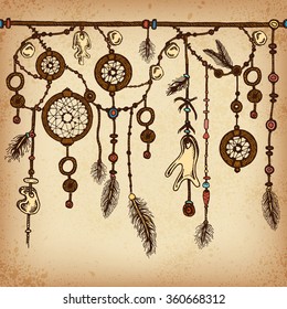 Background with ethnic feathers and ethnic elements . Ethnic background in native style. Borders with feathers and stripe. Tribal theme