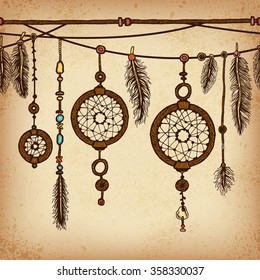 Background with ethnic feathers and ethnic elements . Ethnic seamless pattern in native style. Borders with feathers and stripe. Tribal theme