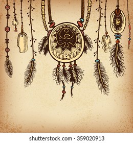 Background with ethnic feathers and ethnic elements . Ethnic seamless pattern in native style. Borders with feathers and stripe. Tribal theme