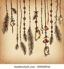 Background with ethnic feathers and ethnic elements . Ethnic seamless pattern in native style. Borders with feathers and stripe. Tribal theme
