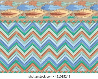 Background with ethnic ornaments with feathers and zigzags/Color seamless pattern in the style of Boho
