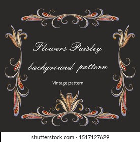 Background in ethnic traditional style. Abstract vintage pattern with decorative flowers, leaves and Paisley pattern in Oriental style.