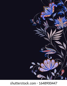 Background in ethnic traditional style. Abstract vintage pattern with decorative flowers, leaves and Paisley pattern in Oriental style.