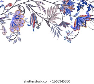 Background in ethnic traditional style. Abstract vintage pattern with decorative flowers, leaves and Paisley pattern in Oriental style.