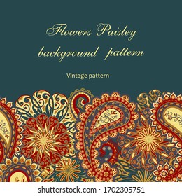 Background in ethnic traditional style. Abstract vintage pattern with decorative flowers, leaves and Paisley pattern in Oriental style.