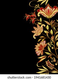 Background in ethnic traditional style. Abstract vintage pattern with decorative flowers, leaves and Paisley pattern in Oriental style.