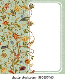 Background in ethnic traditional style. Abstract vintage pattern with decorative flowers, leaves and Paisley pattern in Oriental style.