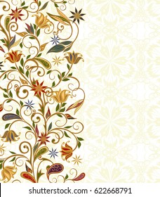 Background in ethnic traditional style. Abstract vintage pattern with decorative flowers, leaves and Paisley pattern in Oriental style.