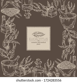 Hintergrund mit Eukalyptus, ätherisches Öl, Seife, Badesalz und Mörtel und Pestle. Kosmetik, Parfümerie und medizinische Anlage. Vektor-Handbild