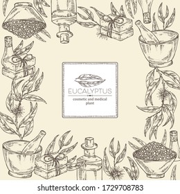 Background with eucalyptus, essential oil, soap, bath salt and mortar and pestle. Cosmetic, perfumery and medical plant. Vector hand drawn illustration