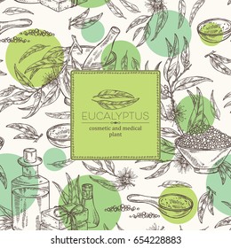 Background with eucalyptus, essential oil, soap, bath salt and mortar and pestle. Cosmetic, perfumery and medical plant. Vector hand drawn illustration