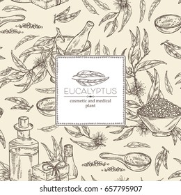 Background with eucalyptus, essential oil, soap, bath salt and mortar and pestle. Cosmetic, perfumery and medical plant. Vector hand drawn illustration