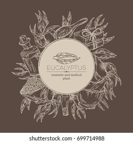Background with eucalyptus, essential oil, soap, bath salt and mortar and pestle. Cosmetic, perfumery and medical plant. Vector hand drawn illustration