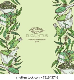 Background with eucalyptus, essential oil, soap, bath salt and mortar and pestle. Cosmetic, perfumery and medical plant. Vector hand drawn illustration.