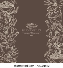 Background with eucalyptus, essential oil, soap, bath salt and mortar and pestle. Cosmetic, perfumery and medical plant. Vector hand drawn illustration.