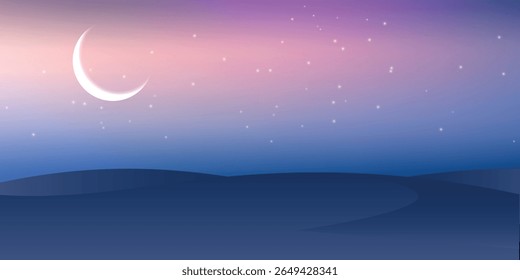 um fundo de céu noturno ou à noite com uma transição gradual de rosa para azul escuro com uma lua nova e estrelas dispersas. Na parte inferior há uma silhueta de colinas.