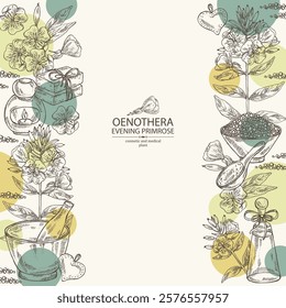 Background with evening primula: oenothera plant, leaves and evening primula flowers. Oenothera. Oil, soap and bath salt . Cosmetics and medical plant. Vector hand drawn