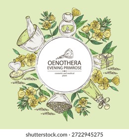 Fondo con primula de la noche: planta de oenothera, hojas y flores de primula de la noche. Oenotera. Aceite, jabón y sal de baño. Cosméticos y planta médica. Vector dibujado a mano