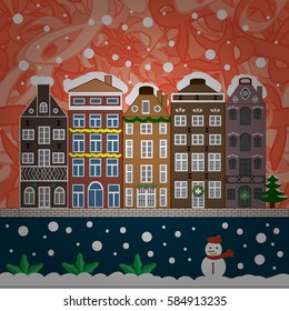 Background. Evening village winter landscape with snow cove houses. Christmas winter scene. Vector illustration.