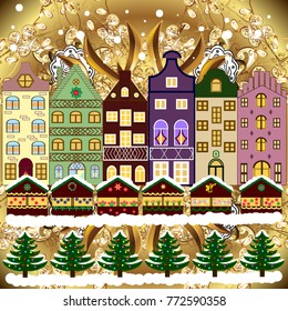 Background. Evening village winter landscape with snow cove houses. Christmas winter scene. Vector illustration.