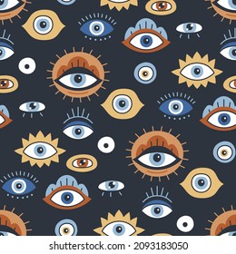 Background with evil, turkish, esoteric eye different shapes. Seamless pattern design with Evil Eye. Hand drawn various talismans. Flat design. Contemporary modern trendy vector illustration.