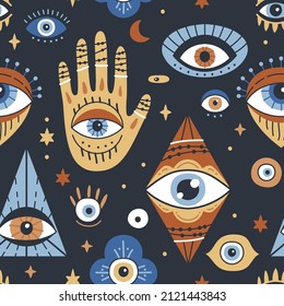 Background with evil, turkish, esoteric eye different shapes. Seamless pattern design with Evil Eye, Hamsa, Hand of Fatima. Hand drawn various talismans. Wallpaper repeatable texture with amulets.