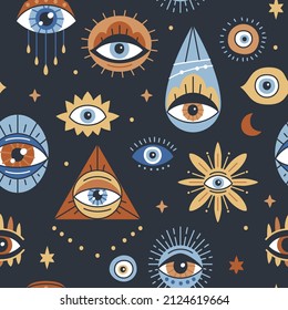 Background with evil, turkish, esoteric eye different shapes. Seamless pattern design with Evil Eye, Hamsa. Hand drawn various talismans. Wallpaper repeatable texture with amulets.