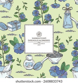 Background with evolvulus alsinoides: shankha pushpi plant, leaves and evolvulus alsinoides flowers. Shankha Pushpi. Oil, soap and bath salt . Cosmetics and medical plant. Vector