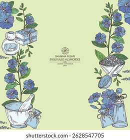 Background with evolvulus alsinoides: shankha pushpi plant, leaves and evolvulus alsinoides flowers. Shankha Pushpi. Oil, soap and bath salt . Cosmetics and medical plant. Vector