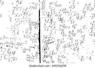 Background with examples, numbers, answers. Numbers, division, multiplication on paper in a small cell. Vector illustration. Overlay template.