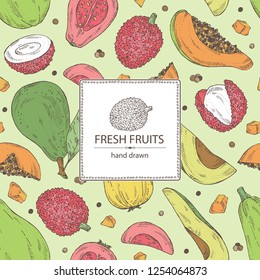Background with exotic fruits: lichee fruit, avocado, guava and papaya. Vector hand drawn illustration.