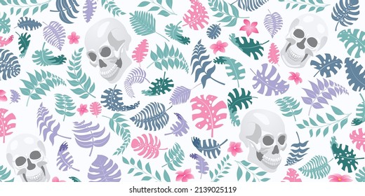Background with exotic jungle plants and human skulls. Tropical palm leaves and flowers. Illustration for Mexican holiday Day of the Dead, Dia de los Muertos, multicolored on white