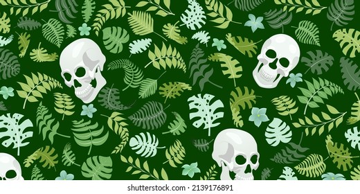 Background with exotic jungle plants and human skulls. Tropical palm leaves and flowers. Illustration for Mexican holiday Day of the Dead, Dia de los Muertos, in green colors