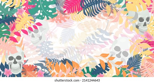 Background with exotic jungle plants and human skulls. Tropical palm leaves and flowers. Illustration for Mexican holiday Day of the Dead, Dia de los Muertos, multicolored on white