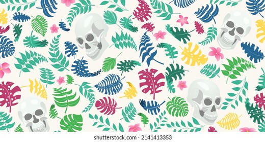 Background with exotic jungle plants and human skulls. Tropical palm leaves and flowers. Illustration for Mexican holiday Day of the Dead, Dia de los Muertos, multicolored on white