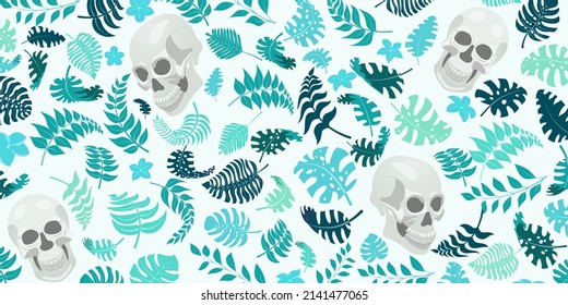 Background with exotic jungle plants and human skulls. Tropical palm leaves and flowers. Illustration for Mexican holiday Day of the Dead, Dia de los Muertos, light blue on white