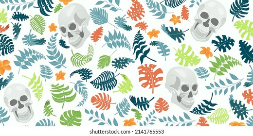 Background with exotic jungle plants and human skulls. Tropical palm leaves and flowers. Illustration for Mexican holiday Day of the Dead, Dia de los Muertos, multicolored on white