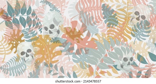 Background with exotic jungle plants and human skulls. Tropical palm leaves and flowers. Illustration for Mexican holiday Day of the Dead, Dia de los Muertos, multicolored on white