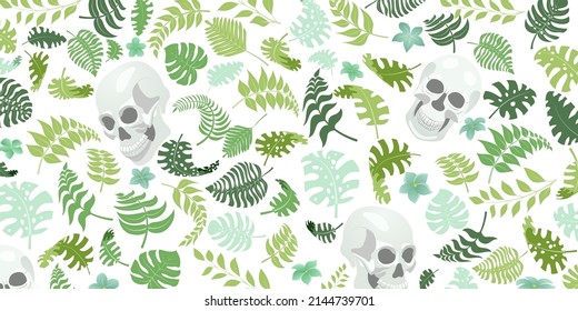 Background with exotic jungle plants and human skulls. Tropical palm leaves and flowers. Illustration for Mexican holiday Day of the Dead, Dia de los Muertos, green on white