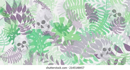 Background with exotic jungle plants and human skulls. Tropical palm leaves and flowers. Illustration for Mexican holiday Day of the Dead, Dia de los Muertos, multicolored on white