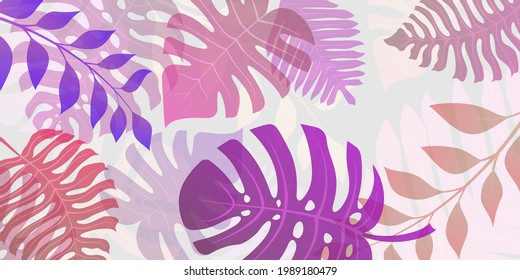 Background with exotic jungle plants. Tropical palm leaves. Rainforest illustration, multicolored on white.