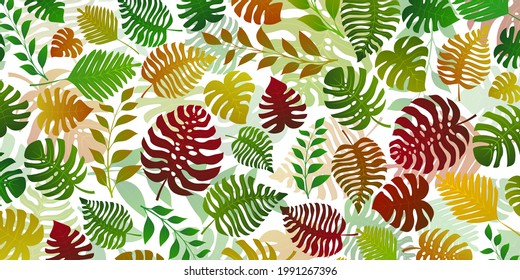 Background with exotic jungle plants. Tropical palm leaves. Rainforest illustration, multicolored on white.