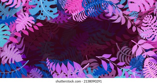 Background with exotic jungle plants. Tropical palm leaves. Rainforest illustration in purple colors.